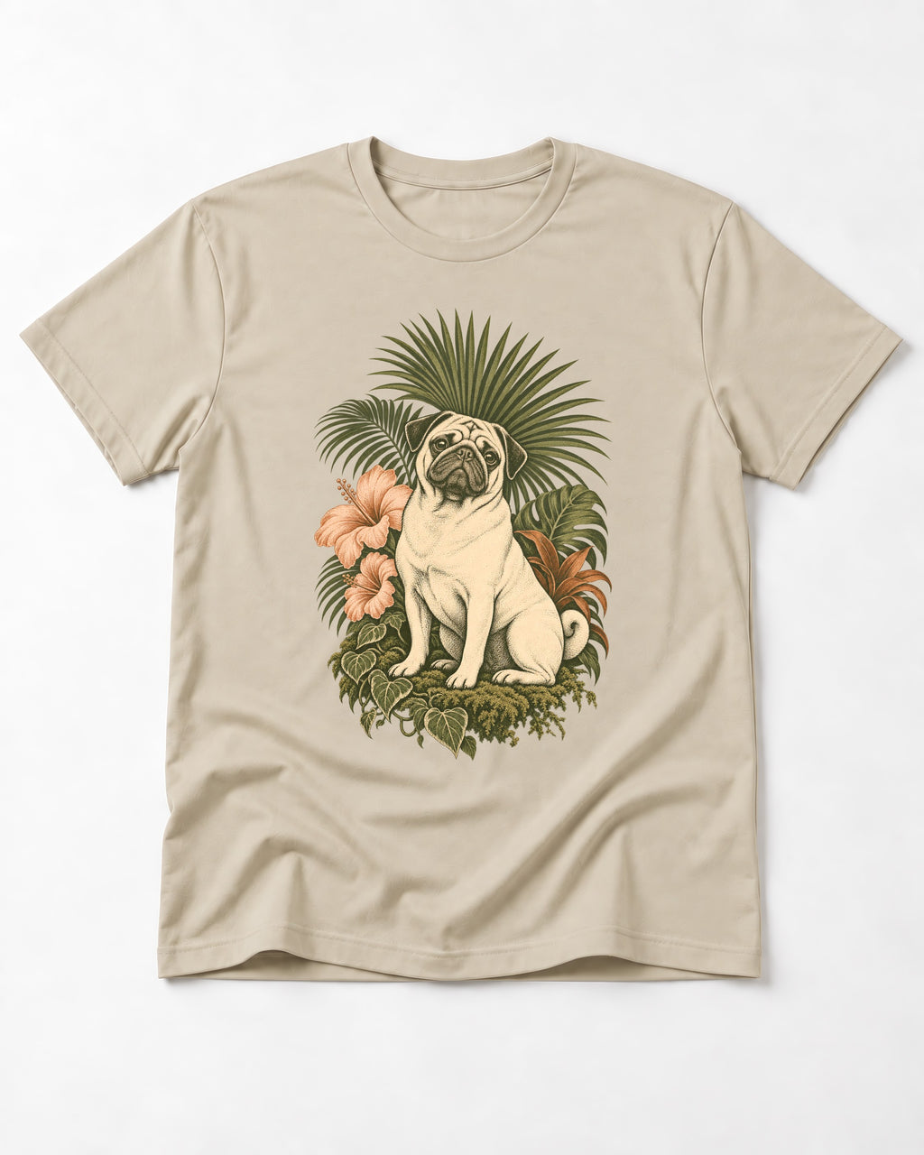 Pug Paradise T-Shirt in Sand, flat lay product photo