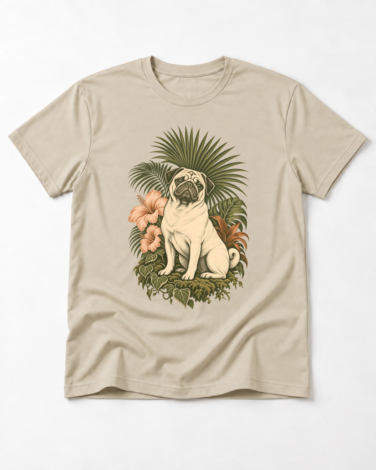 Pug Paradise T-Shirt in Sand, flat lay product photo