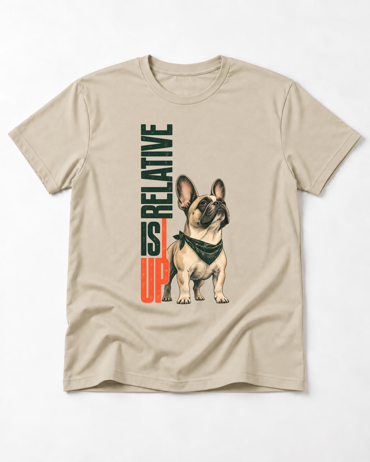 Up Is Relative Frenchie T-Shirt in Sand, flat lay product photo