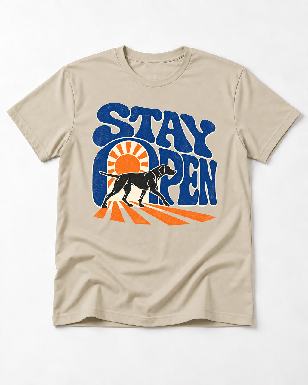 Stay Open German Shorthaired Pointer T-Shirt in Sand, flat lay product photo