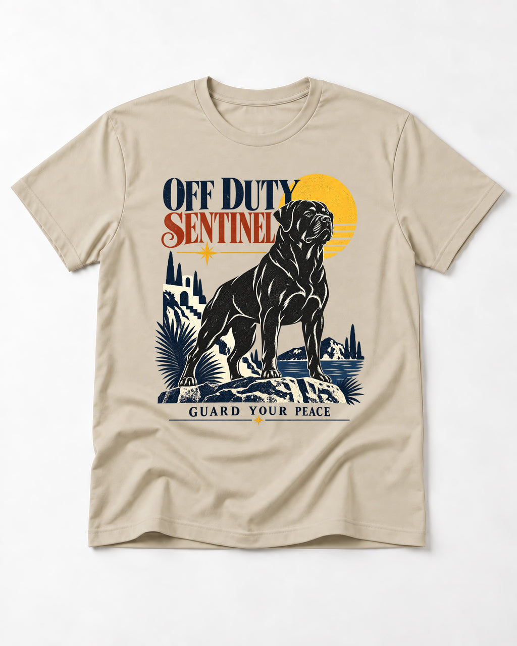 Off Duty Rottweiler Sentinel T-Shirt in Sand, flat lay product photo