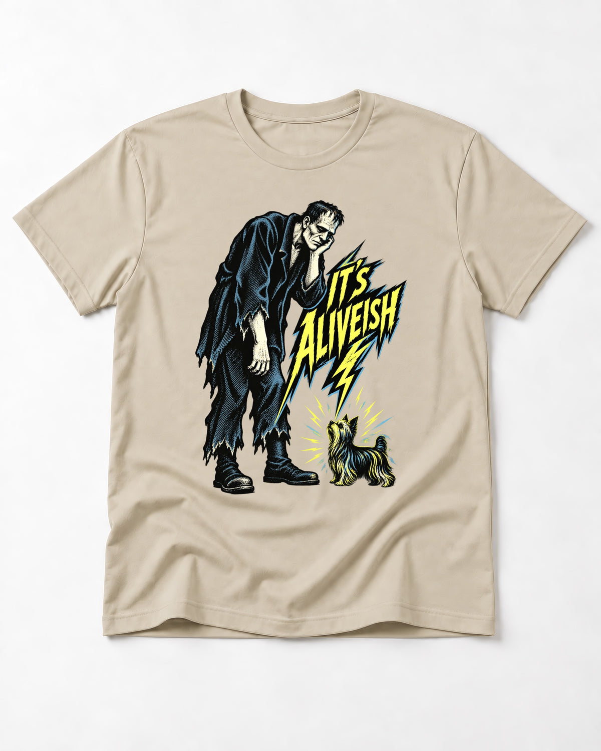 It's Aliveish Yorkshire Terrier T-Shirt in Sand, flat lay product photo