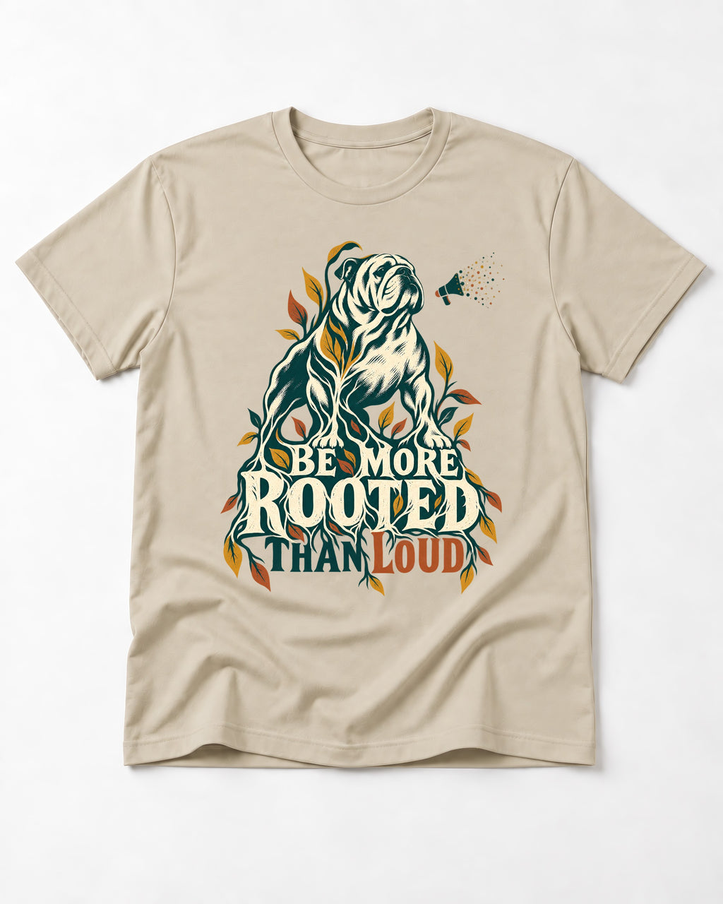 More Rooted Than Loud English Bulldog T-Shirt in Sand, flat lay product photo