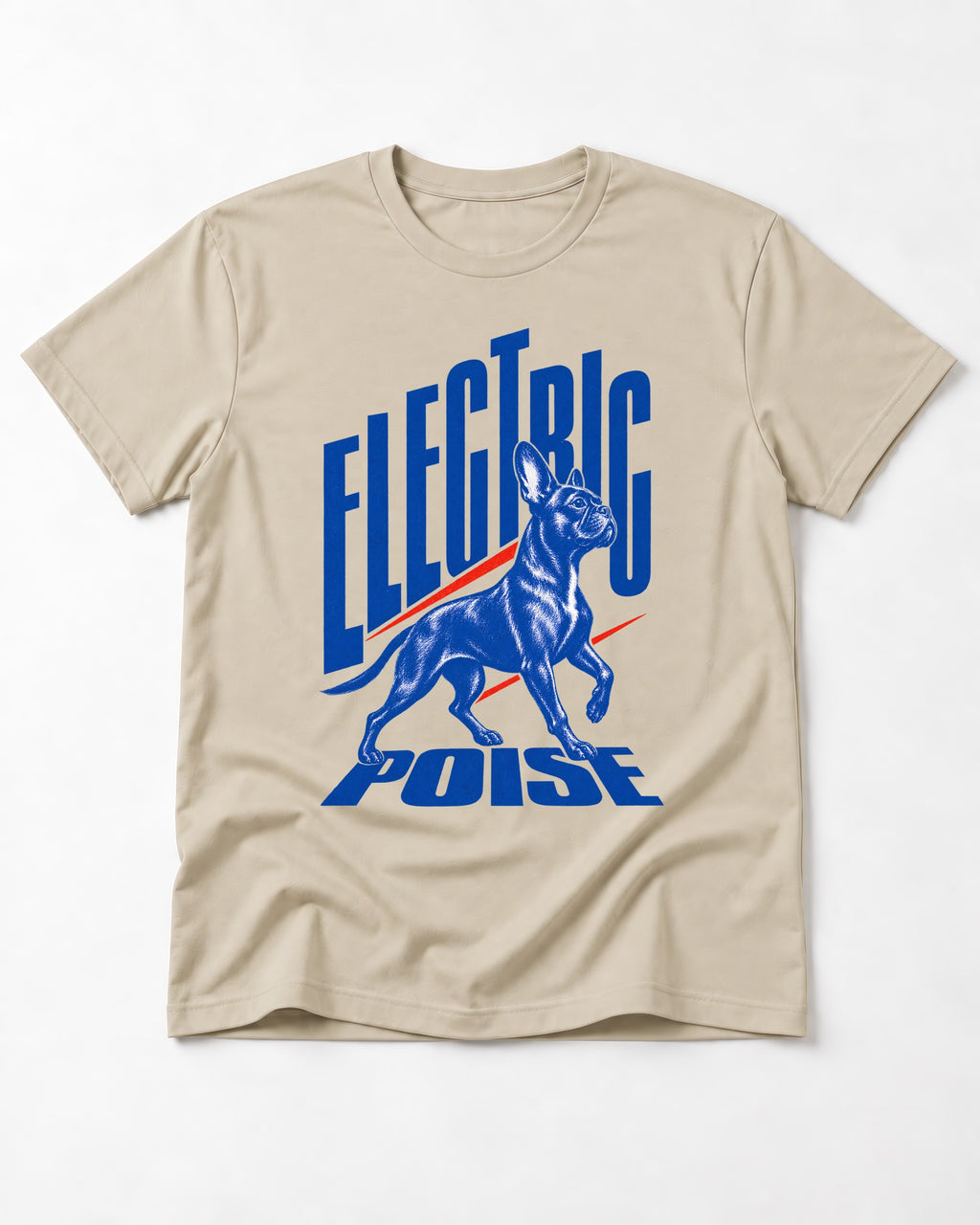 Boston Terrier Electric Poise T-Shirt in Sand, flat lay product photo