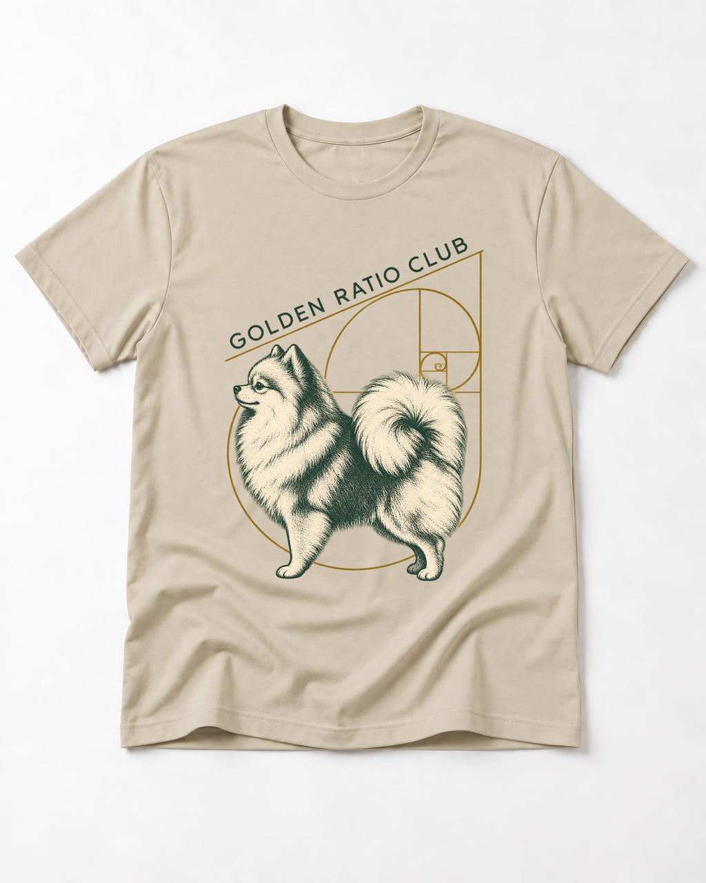 Pomeranian Golden Ratio Club T-Shirt in Sand, flat lay product photo
