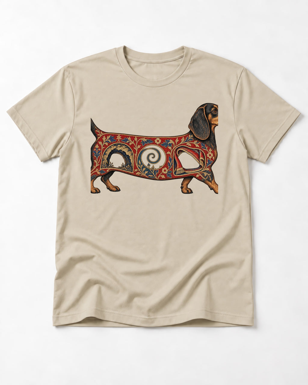 Dachshund Ever After T-Shirt in Sand, flat lay product photo