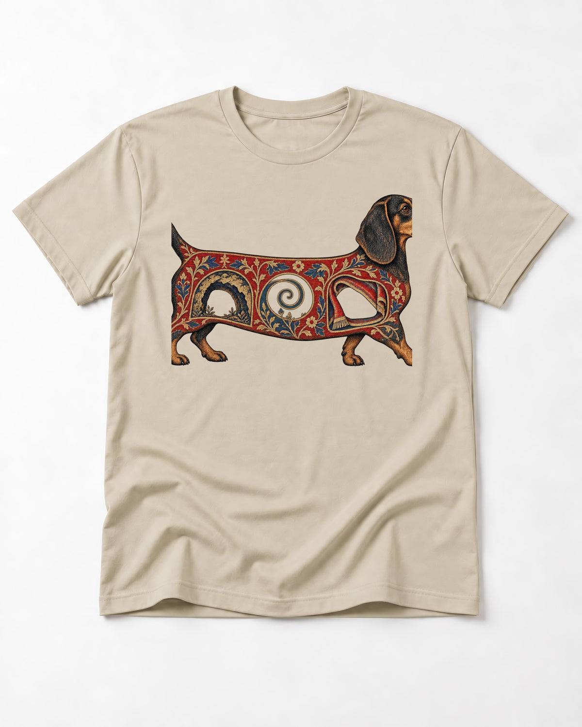 Dachshund Ever After T-Shirt in Sand, flat lay product photo