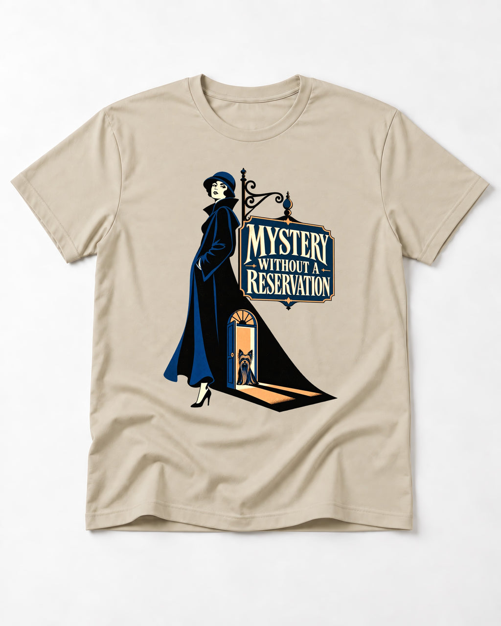 Mystery Without a Reservation Yorkshire Terrier T-Shirt in Sand, flat lay product photo