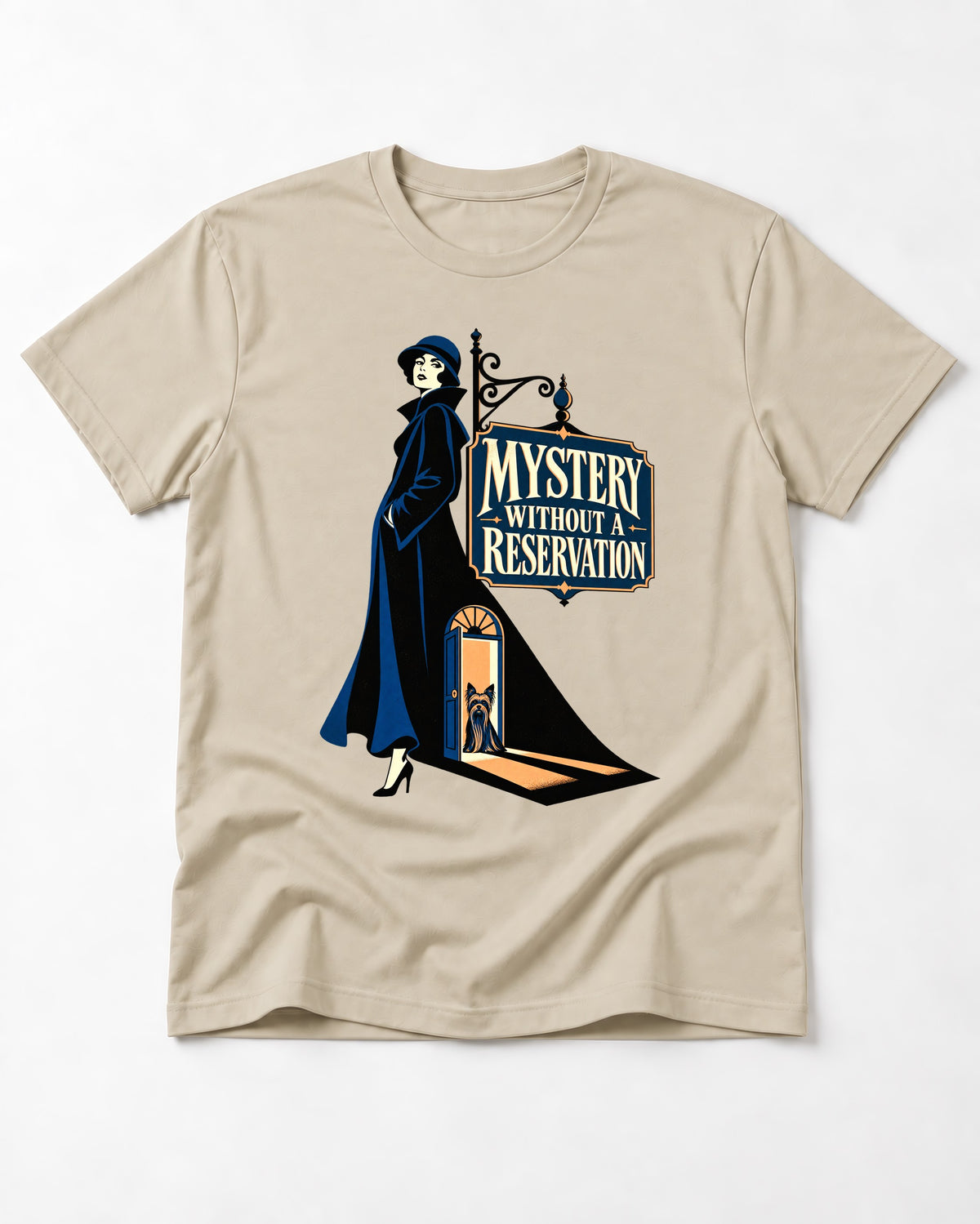 Mystery Without a Reservation Yorkshire Terrier T-Shirt in Sand, flat lay product photo