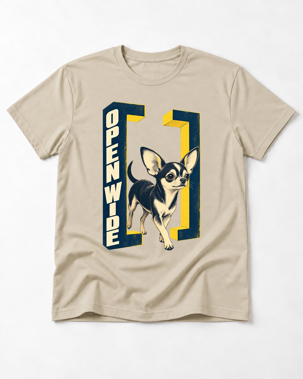 Open Wide Chihuahua T-Shirt in Sand, flat lay product photo