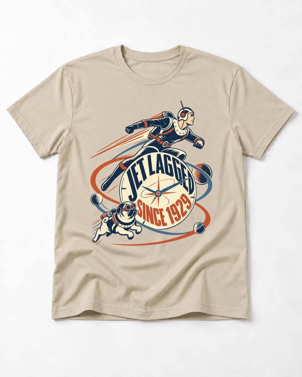 Jet Lagged Pug T-Shirt in Sand, flat lay product photo