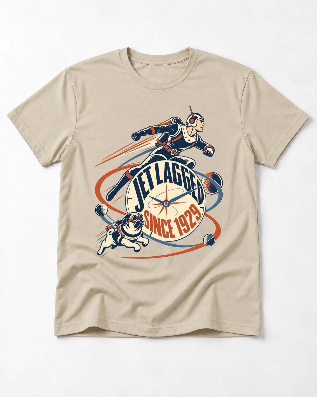 Jet Lagged Pug T-Shirt in Sand, flat lay product photo