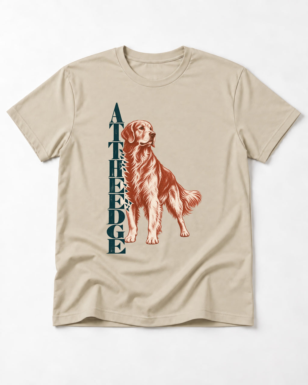 Golden Retriever At the Edge T-Shirt in Sand, flat lay product photo
