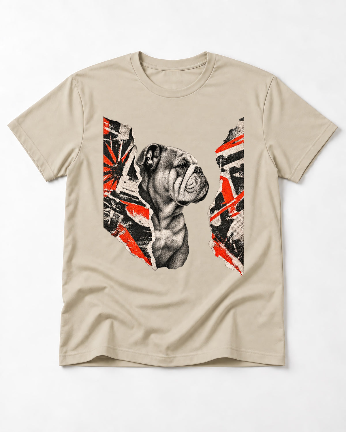 English Bulldog Unbowed T-Shirt in Sand, flat lay product photo