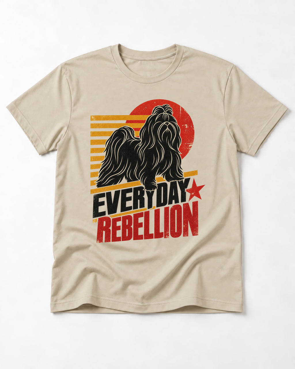 Everyday Rebellion Shih Tzu T-Shirt in Sand, flat lay product photo