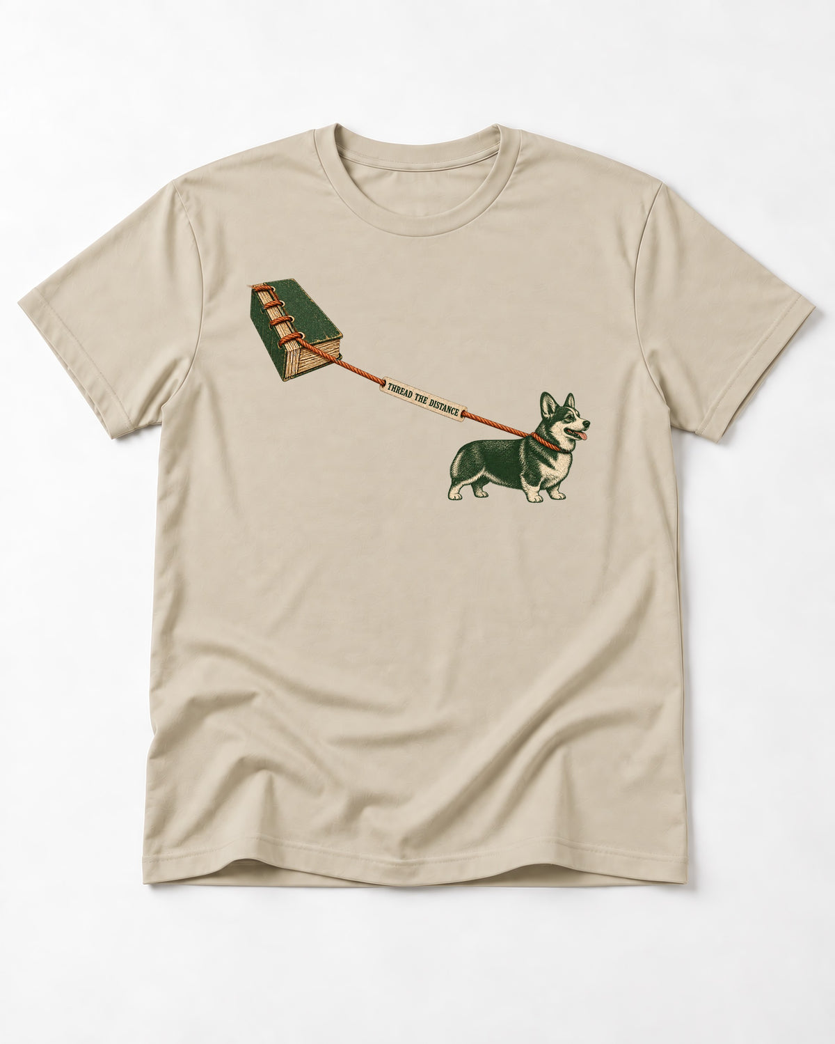 Thread the Distance with Corgi T-Shirt in Sand, flat lay product photo