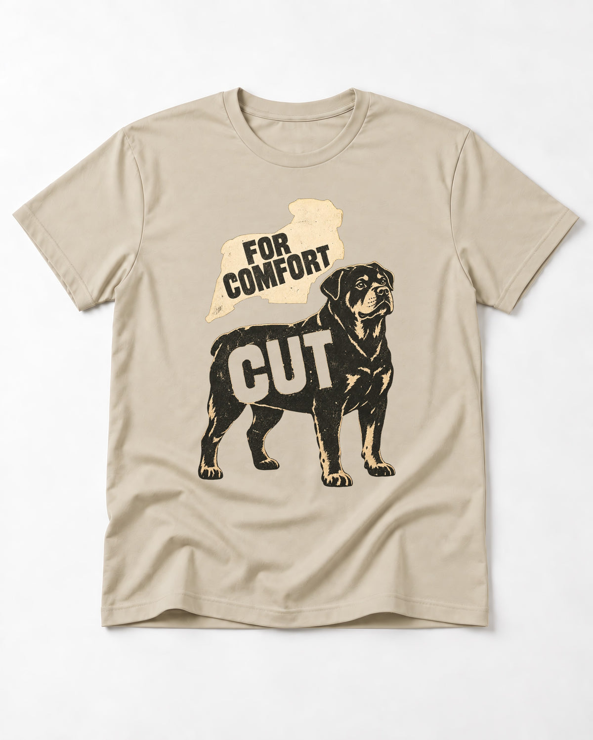 Rottweiler Cut for Comfort T-Shirt in Sand, flat lay product photo