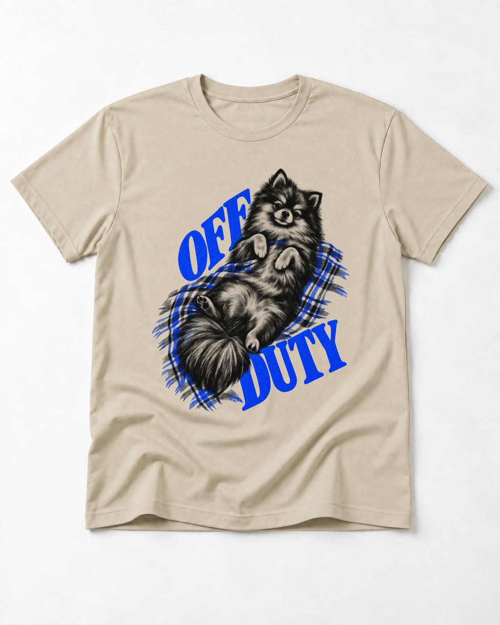 Off Duty Pomeranian T-Shirt in Sand, flat lay product photo