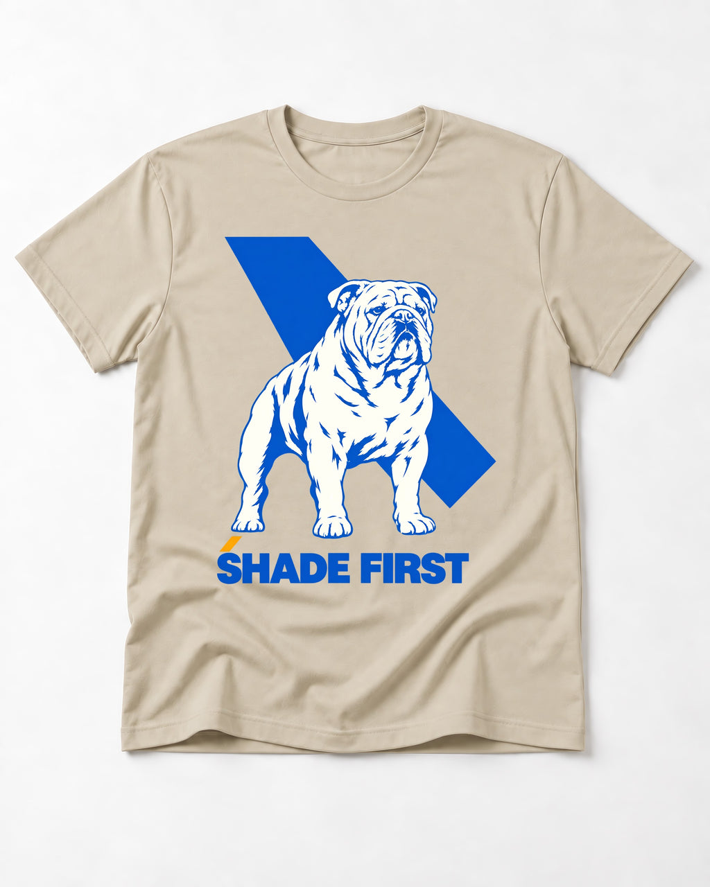 Shade First English Bulldog T-Shirt in Sand, flat lay product photo
