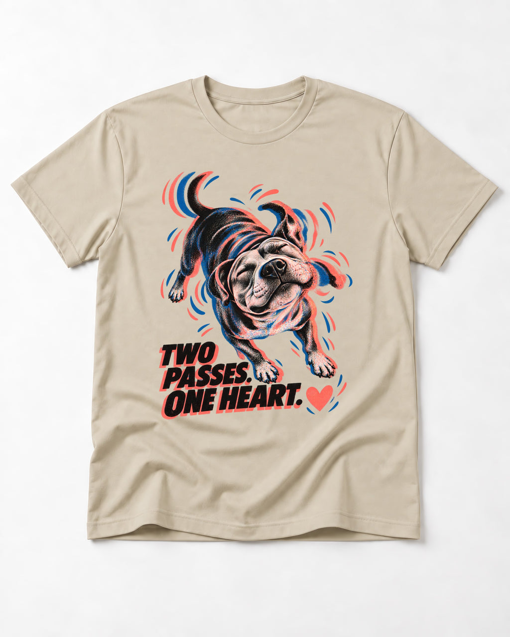 Two Passes One Heart Pitbull T-Shirt in Sand, flat lay product photo