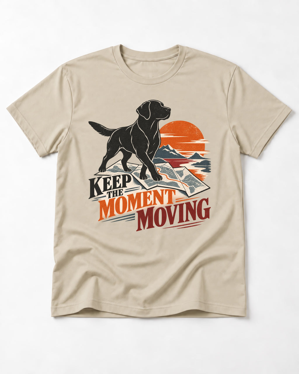 Keep the Moment Moving Labrador Retriever T-Shirt in Sand, flat lay product photo