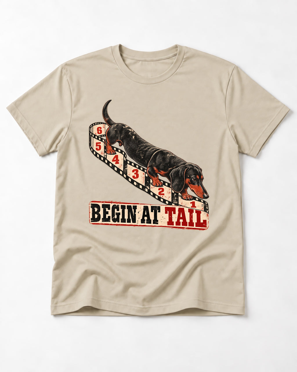 Begin at Tail Dachshund T-Shirt in Sand, flat lay product photo
