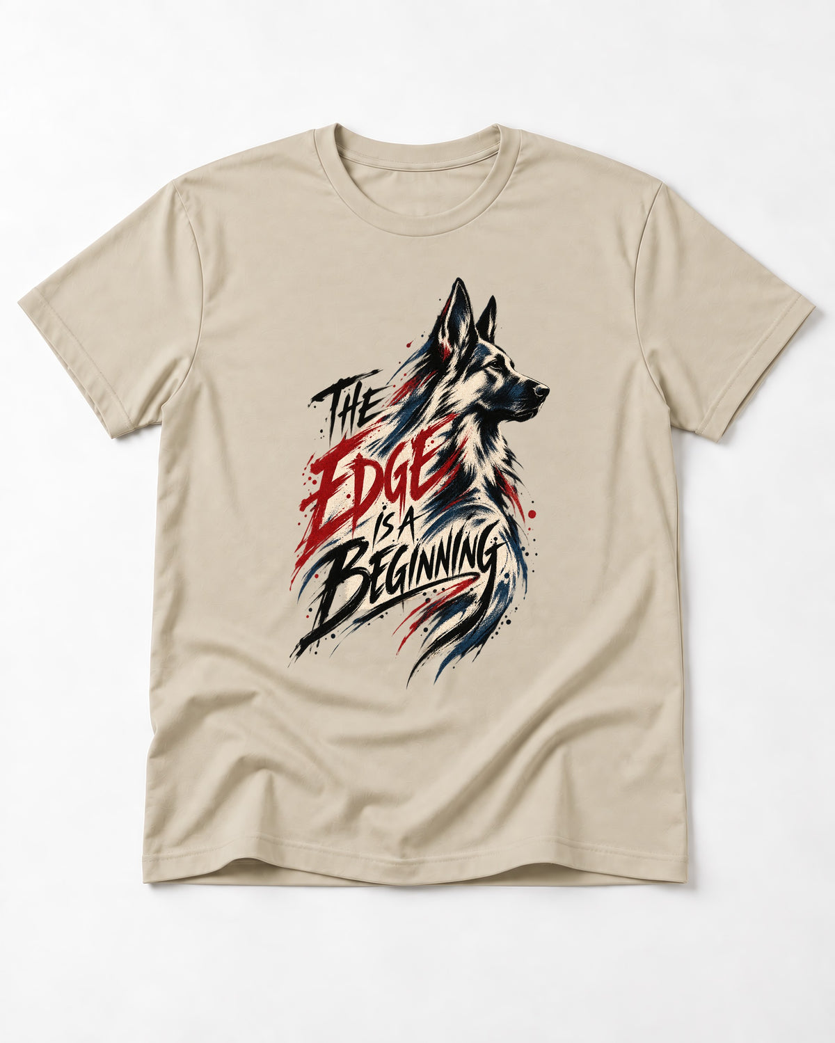 Edge Is a Beginning German Shepherd Dog T-Shirt in Sand, flat lay product photo