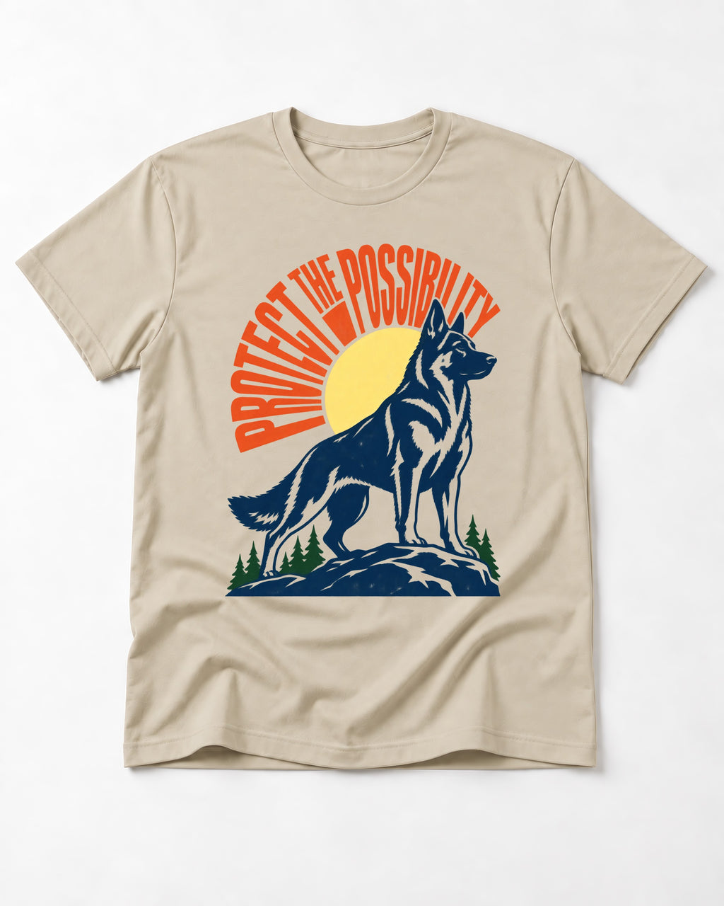 German Shepherd Dog Protect the Possibility T-Shirt in Sand, flat lay product photo