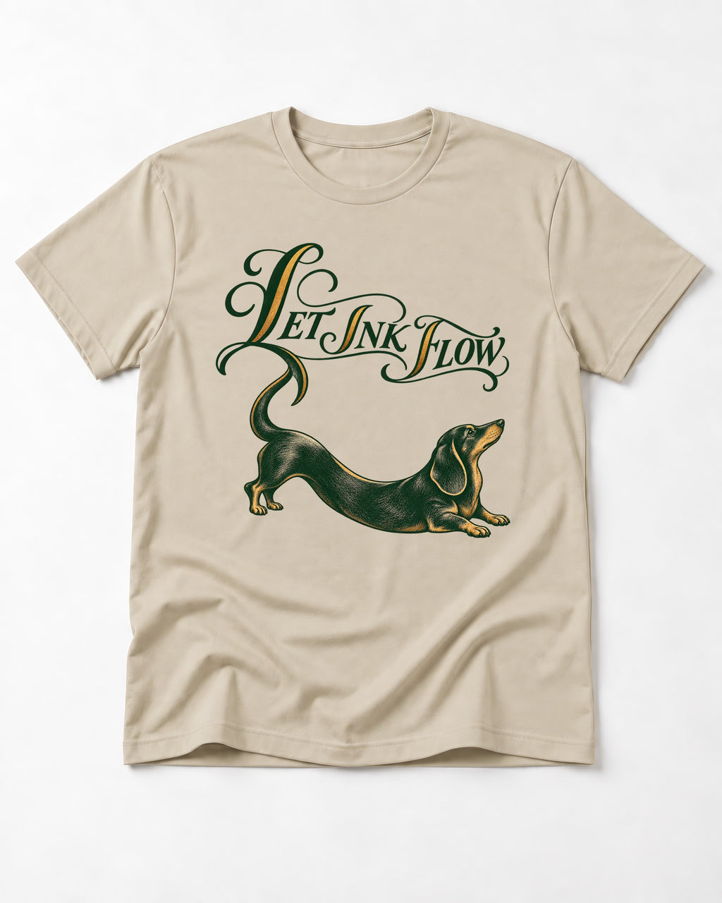 Let the Dachshund Ink Flow T-Shirt in Sand, flat lay product photo