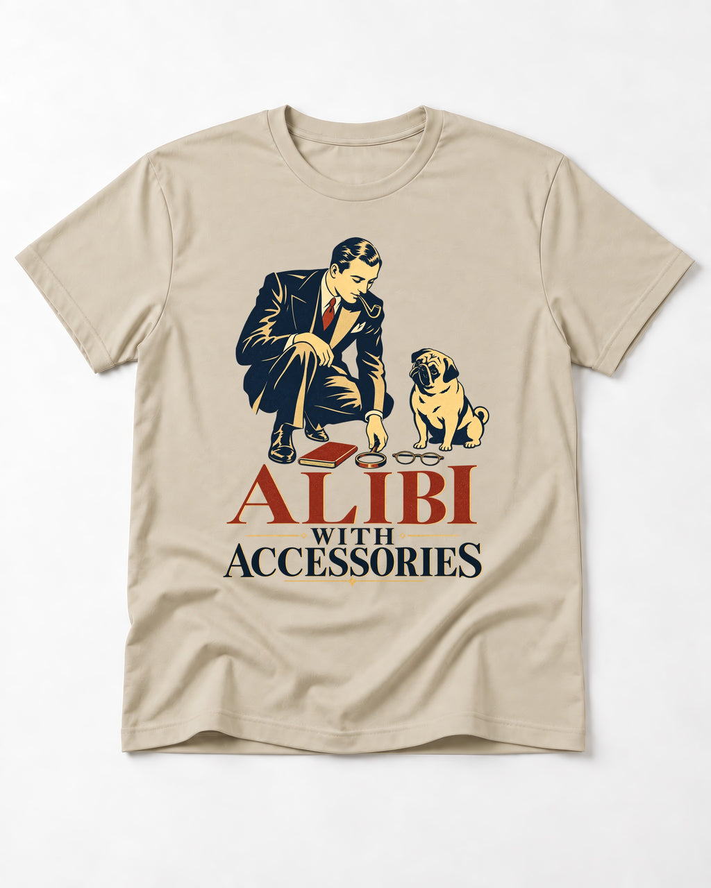 Pug Alibi with Accessories T-Shirt in Sand, flat lay product photo
