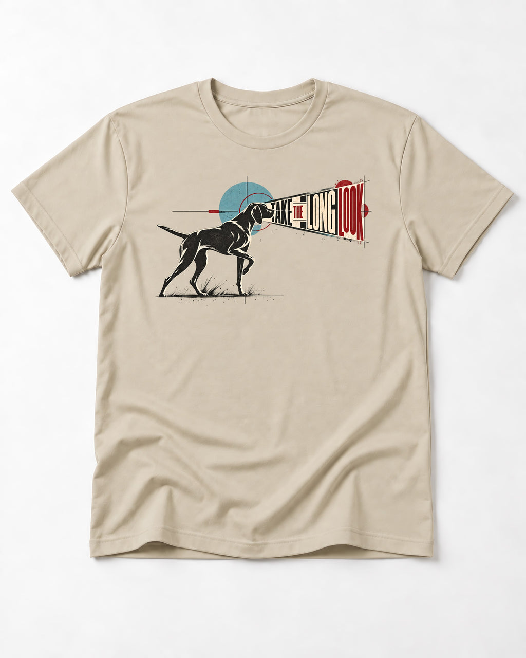 German Shorthaired Pointer Take the Long Look T-Shirt in Sand, flat lay product photo