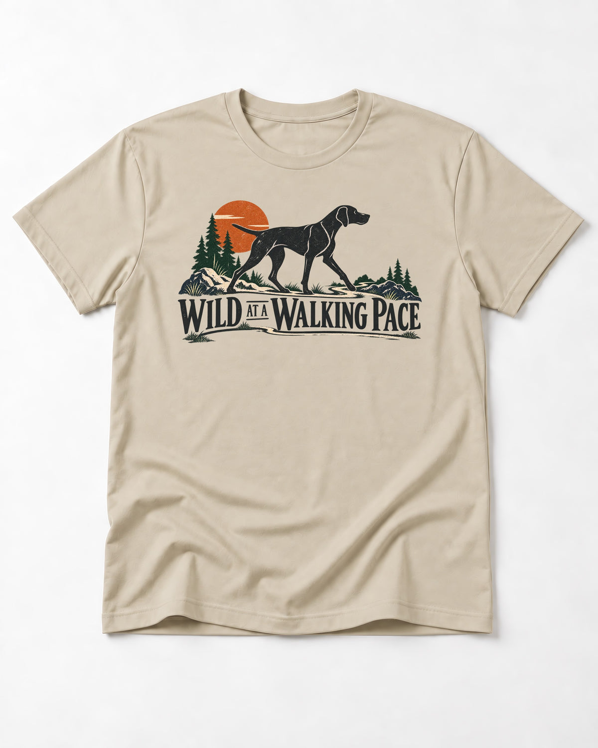 Wild at a Walk German Shorthaired Pointer T-Shirt in Sand, flat lay product photo