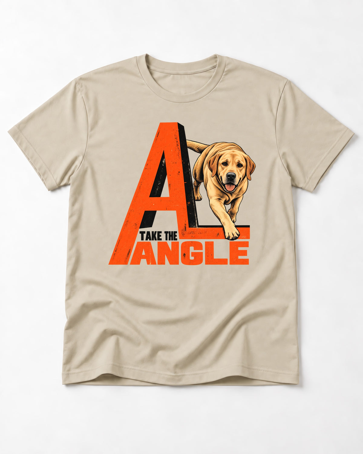 Take the Angle Labrador Retriever T-Shirt in Sand, flat lay product photo