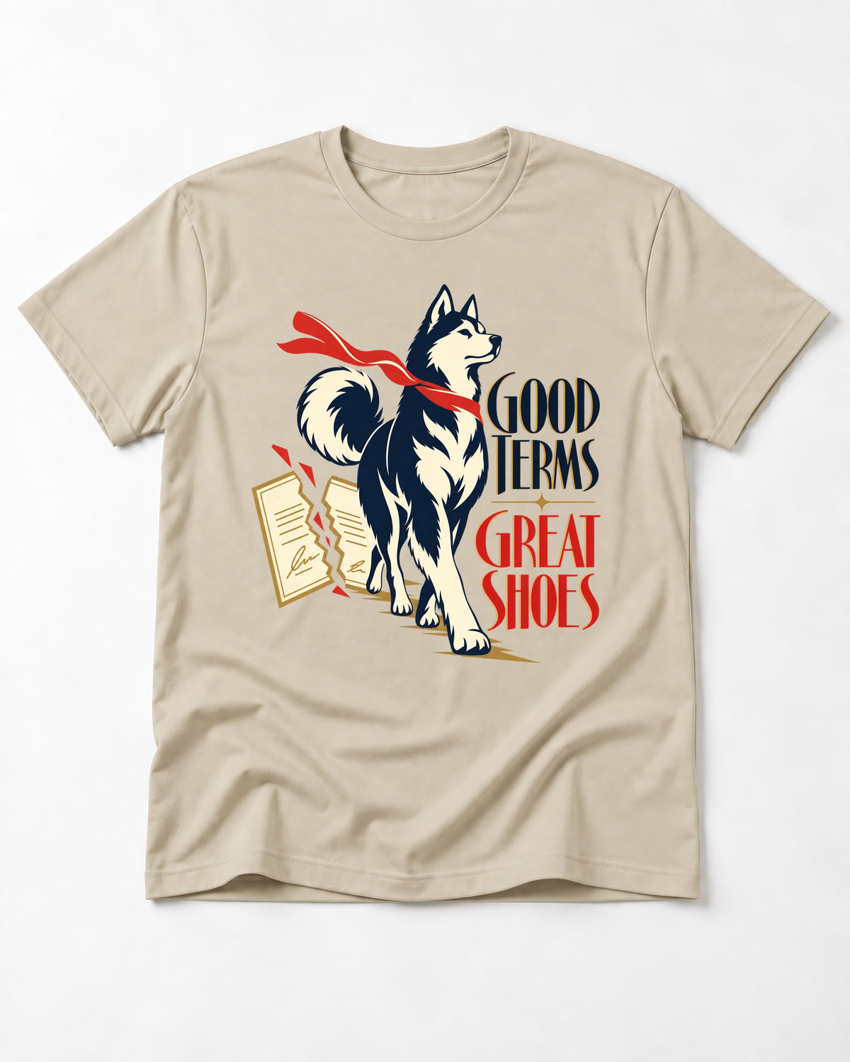 Husky Good Terms Great Shoes T-Shirt in Sand, flat lay product photo