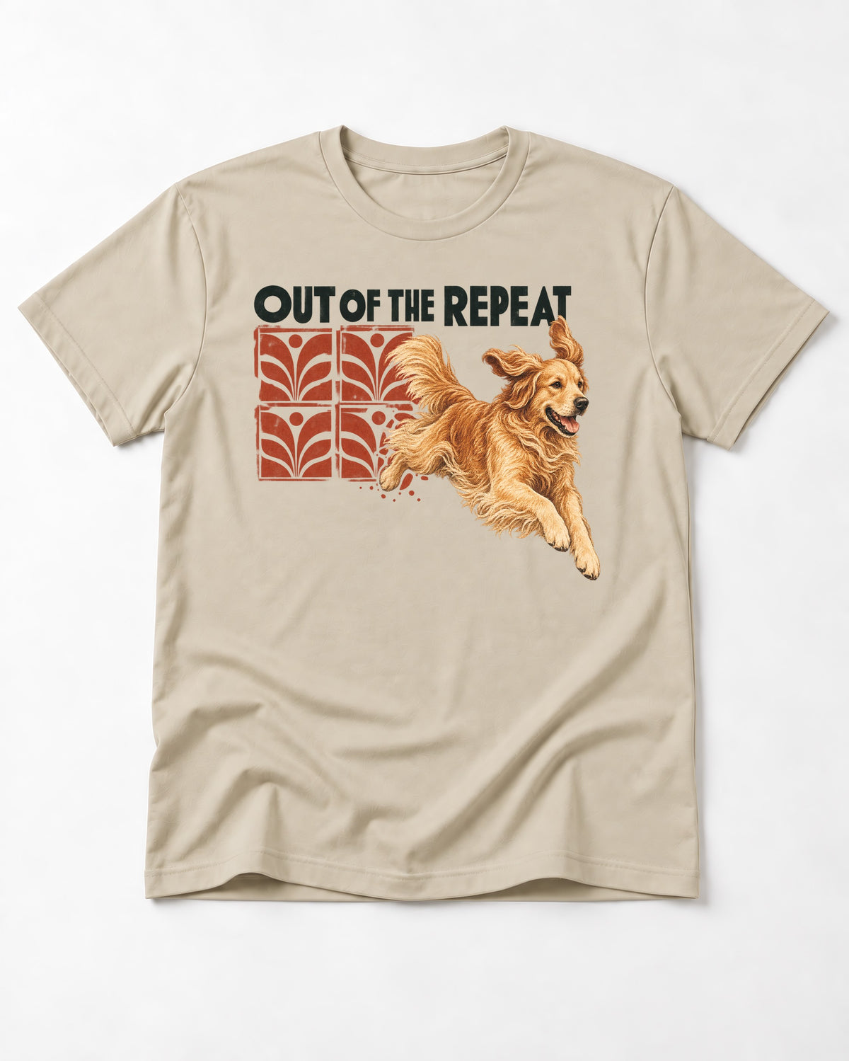 Golden Retriever Out of the Repeat T-Shirt in Sand, flat lay product photo