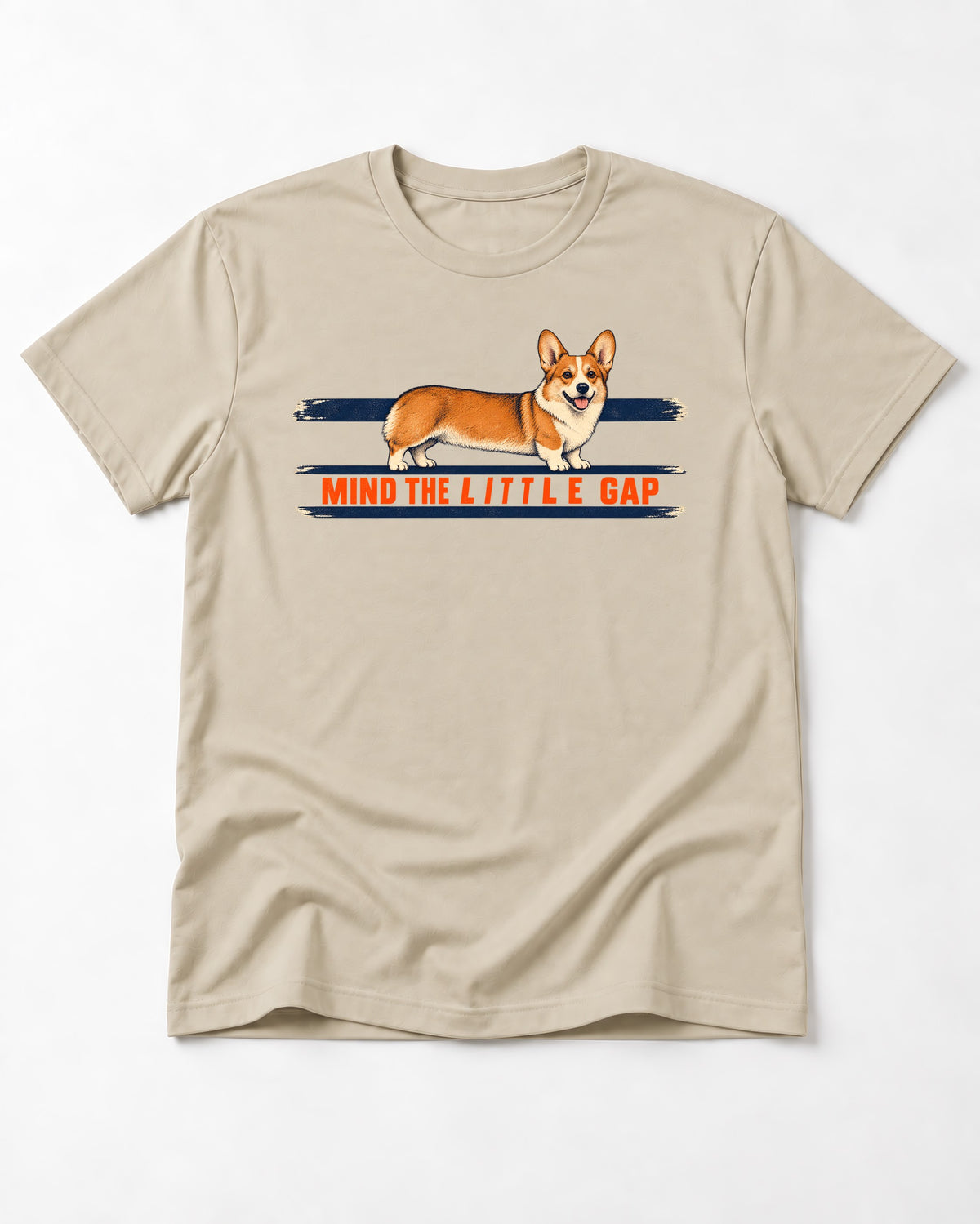 Mind the Little Corgi Gap T-Shirt in Sand, flat lay product photo