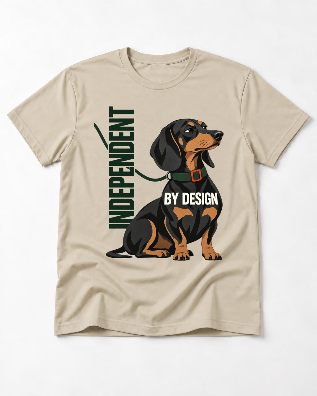 Independent Dachshund T-Shirt in Sand, flat lay product photo