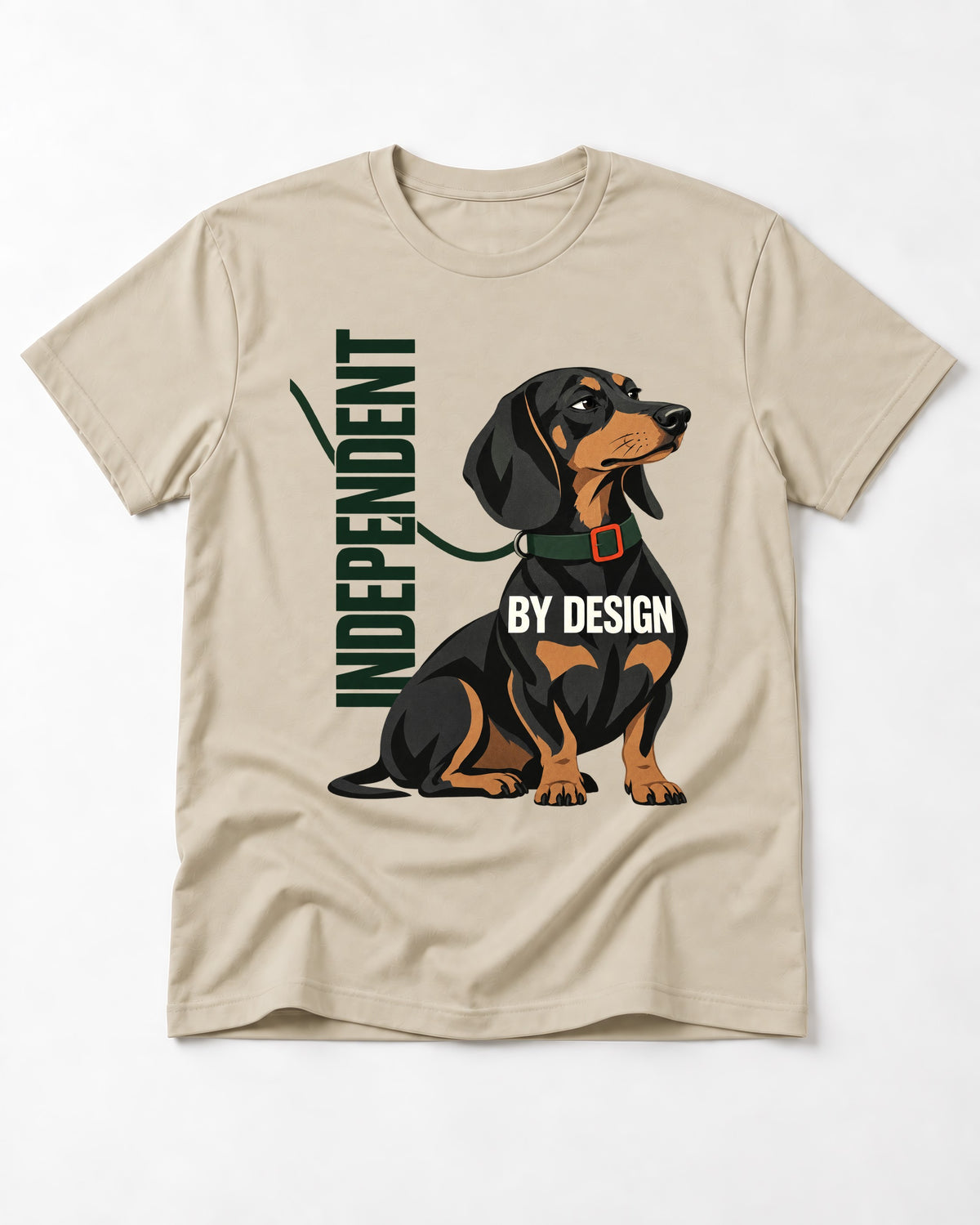 Independent Dachshund T-Shirt in Sand, flat lay product photo