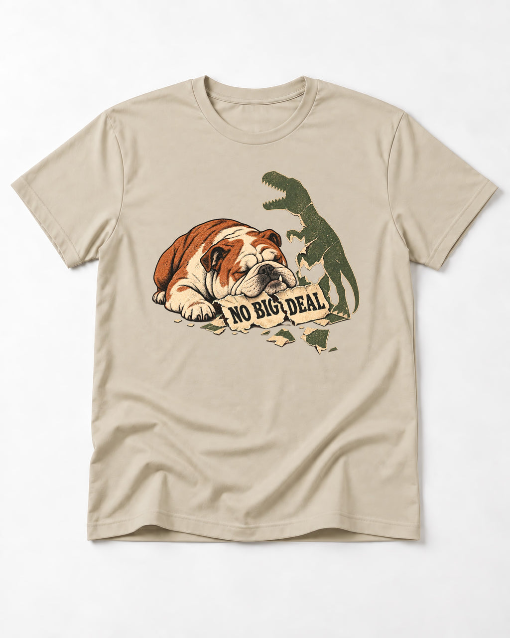 English Bulldog No Big Deal T-Shirt in Sand, flat lay product photo