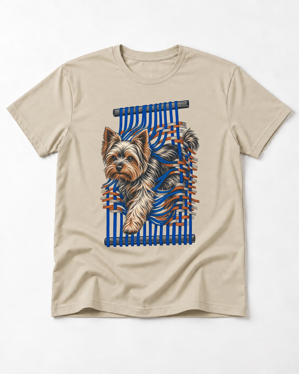 Yorkshire Terrier Unbound T-Shirt in Sand, flat lay product photo