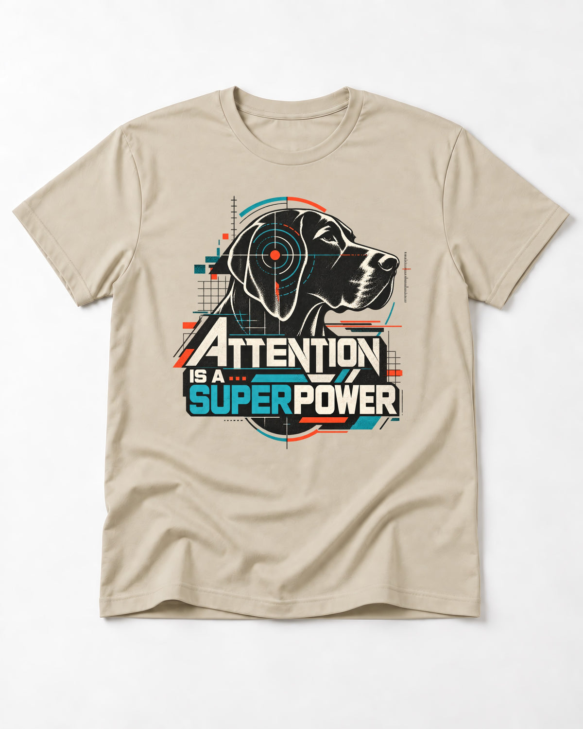 German Shorthaired Pointer Attention Is a Superpower T-Shirt in Sand, flat lay product photo