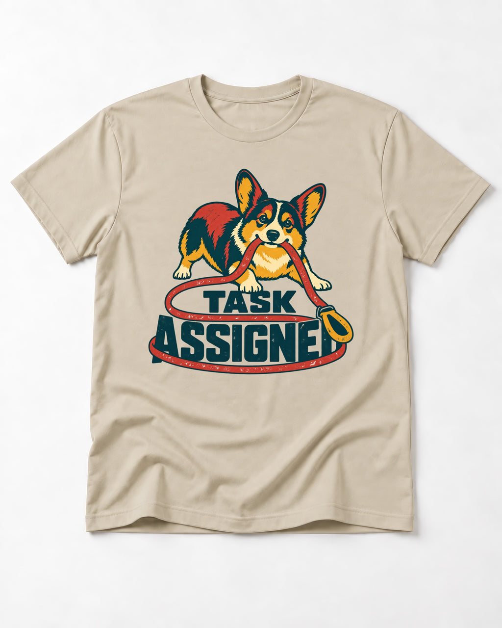 Corgi Task Assigned T-Shirt in Sand, flat lay product photo