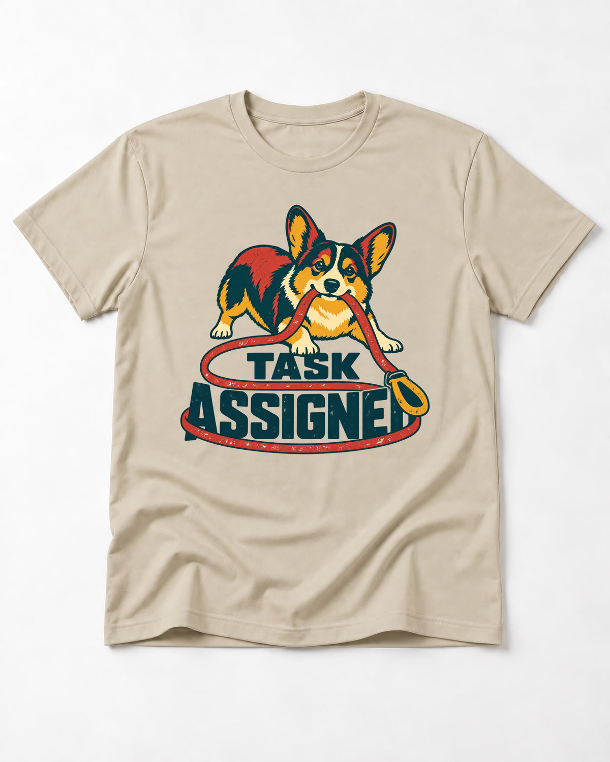 Corgi Task Assigned T-Shirt in Sand, flat lay product photo