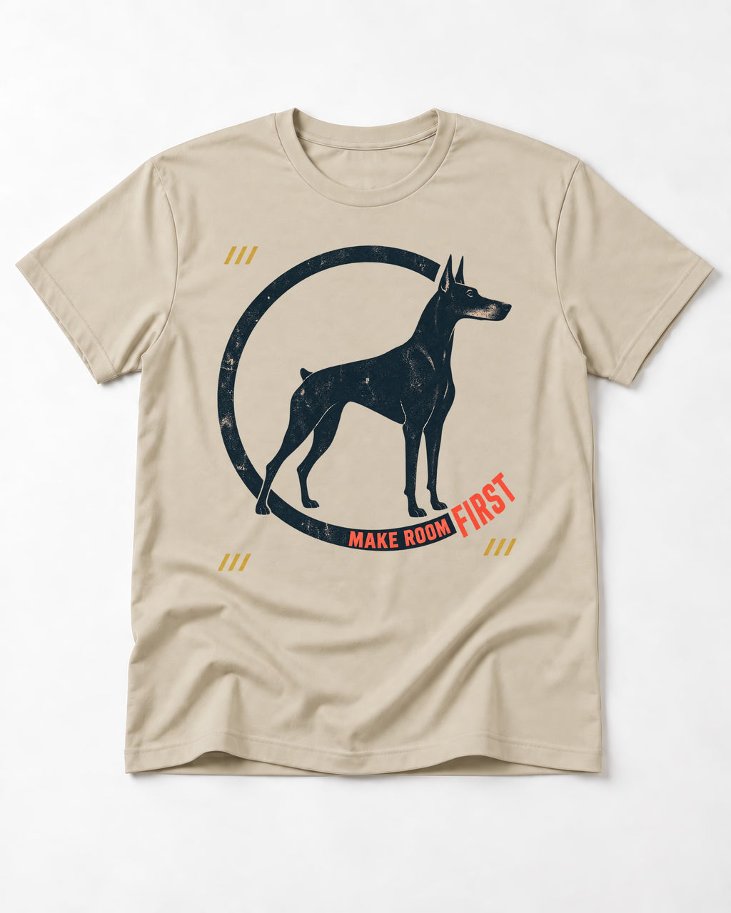 Make Room First Doberman T-Shirt in Sand, flat lay product photo