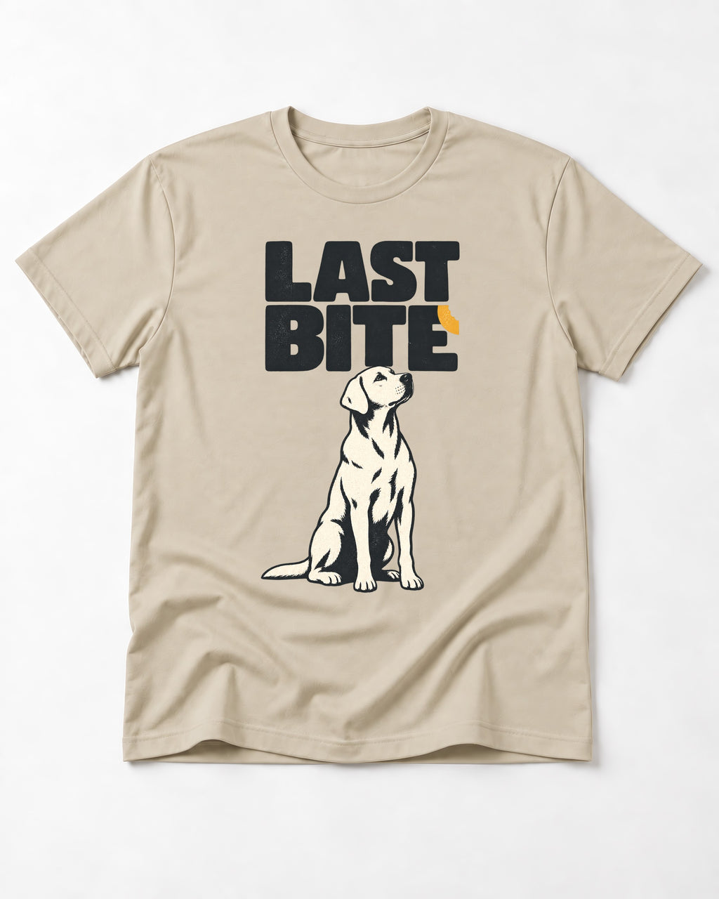 Labrador Retriever's Last Bite T-Shirt in Sand, flat lay product photo