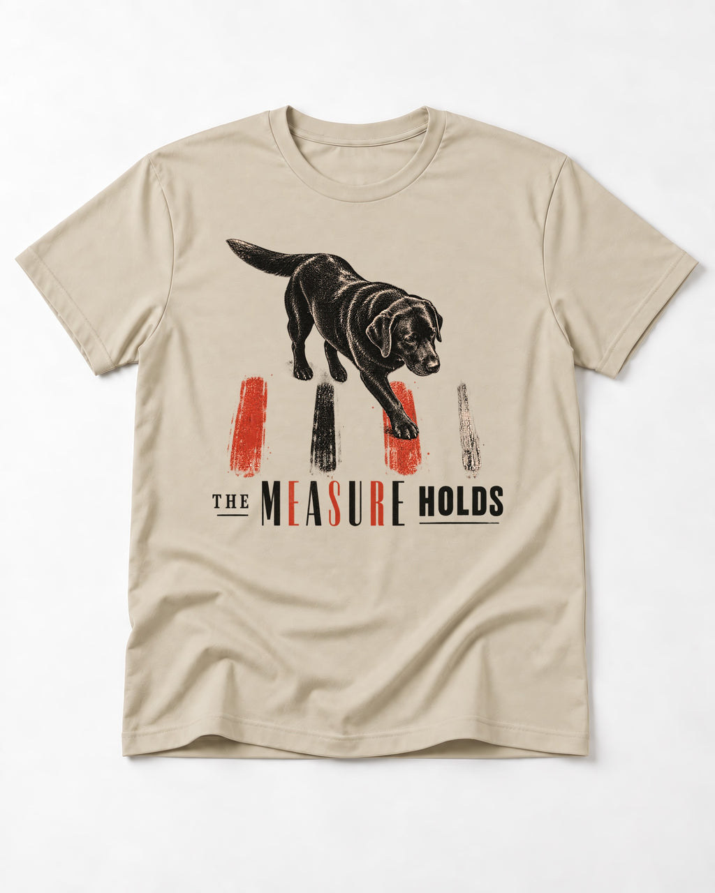 Labrador Retriever The Measure Holds T-Shirt in Sand, flat lay product photo