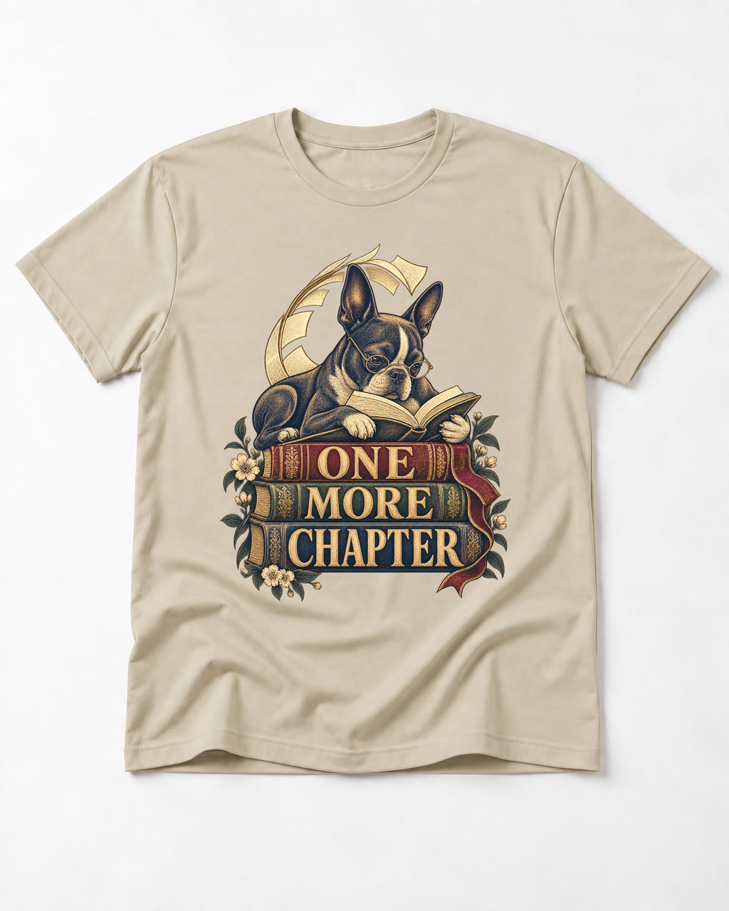 One More Chapter Boston Terrier T-Shirt in Sand, flat lay product photo