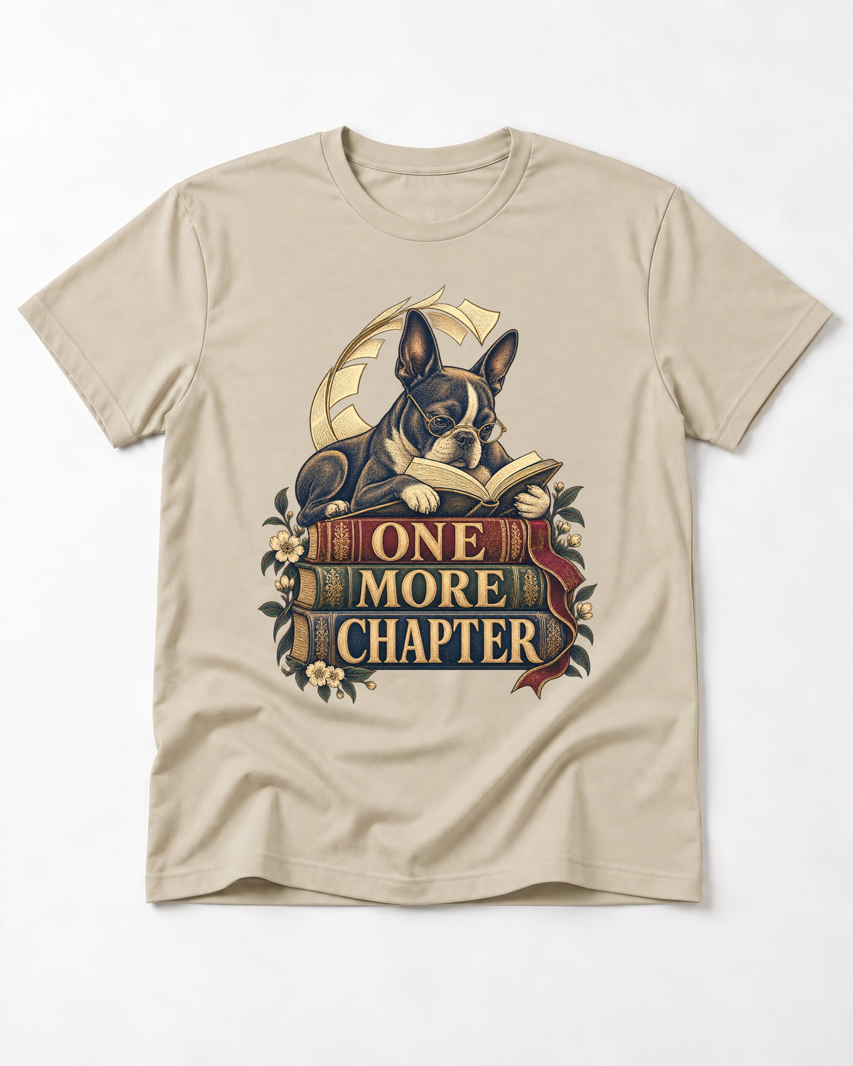 One More Chapter Boston Terrier T-Shirt in Sand, flat lay product photo