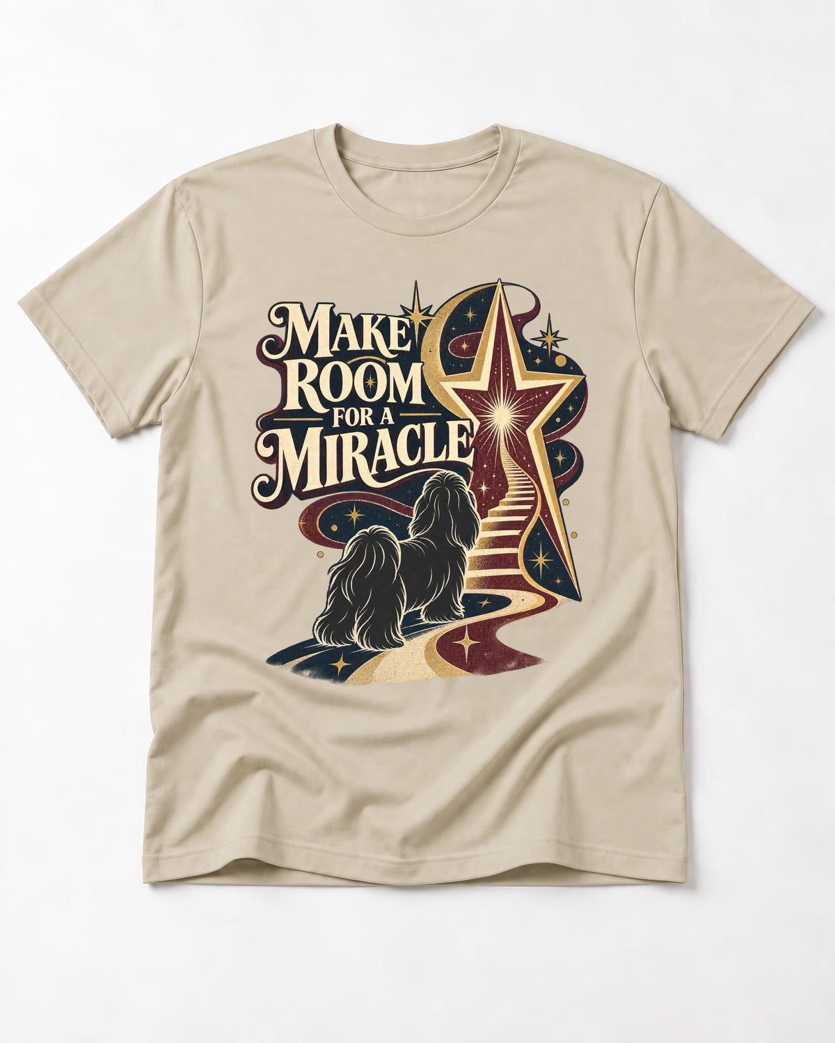 Room for a Shih Tzu Miracle T-Shirt in Sand, flat lay product photo