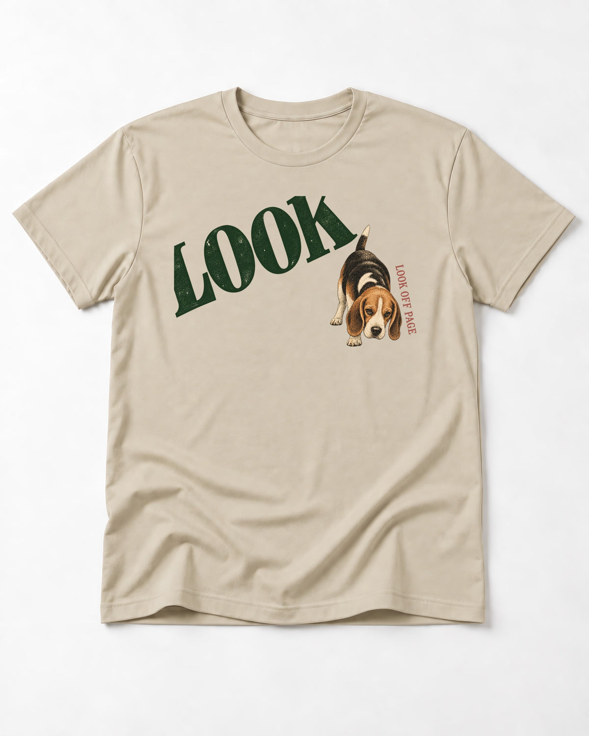 Beagle Look Off Page T-Shirt in Sand, flat lay product photo